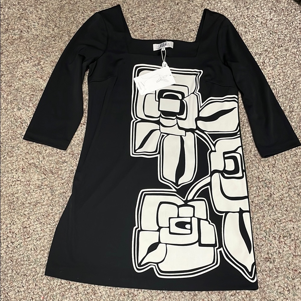 Tibi New York Black and White Sheath Dress with 3/4 Sleeves